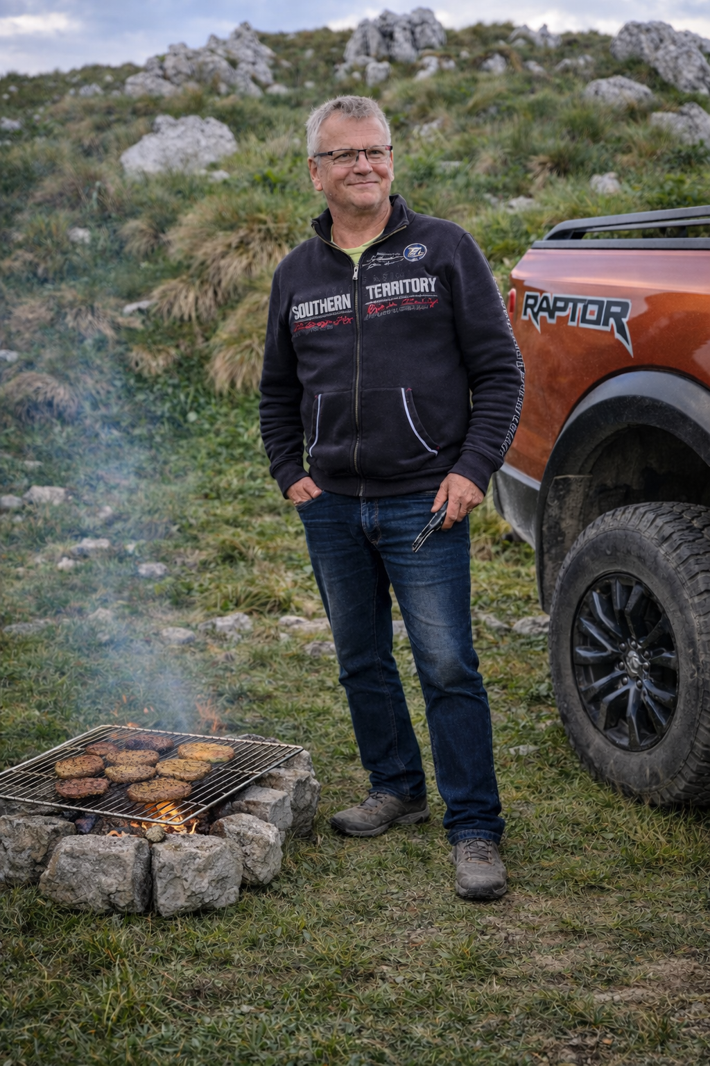 Ferdi draußen im Offroad- und Tour-Kontext am Lagerfeuer neben dem Fahrzeug